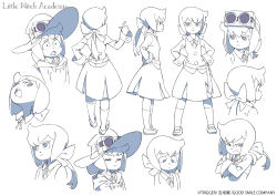 Rule 34 | 10s, 1girl, absurdres, blue eyes, bow, character sheet, company name, constanze amalie von braunschbank-albrechtsberger, copyright name, crossed arms, expressions, frown, full body, goggles, goggles on head, goggles on headwear, hair bow, hands on own hips, hat, highres, little witch academia, little witch academia 2, loafers, long hair, multiple views, open mouth, ponytail, pout, school uniform, shoes, simple background, skirt, socks, standing, surprised, sweater vest, traditional media, trigger (company), white background, witch, witch hat, yoshinari you