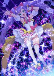Rule 34 | 1girl, arm up, armpits, bare shoulders, blue eyes, bow, detached sleeves, dress, glowing, hair bow, highres, idol, looking at viewer, manaka laala, microphone, open mouth, panties, pantyshot, pretty series, pripara, purple hair, rainbow, smile, solo, striped clothes, striped panties, striped thighhighs, suzume inui, thighhighs, twintails, underwear, upskirt