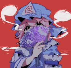 Rule 34 | 1girl, black eyes, black ribbon, blue hat, blue kimono, covering face, hair between eyes, hand fan, hat, head tilt, highres, hitodama, holding, holding fan, japanese clothes, kimono, long sleeves, looking at viewer, medium hair, mob cap, neck ribbon, paper fan, pink hair, print folding fan, red background, ribbon, saigyouji yuyuko, simple background, so happy 64, solo, touhou, triangular headpiece, upper body, wide sleeves