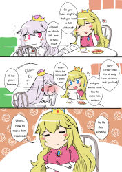 Rule 34 | &gt; &lt;, 2girls, blue eyes, comic, crown, cup, dress, embarrassed, english text, engrish text, closed eyes, flying sweatdrops, hands on own cheeks, hands on own face, heart, luigi&#039;s mansion, mario (series), multiple girls, new super mario bros. u deluxe, nintendo, note, paper, plate, princess king boo, princess peach, ranguage, red eyes, sesield, super crown, teacup, wavy mouth, white dress, white hair