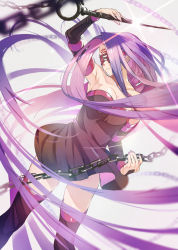 Rule 34 | 1girl, absurdly long hair, arm up, armpits, bare shoulders, black dress, black footwear, blindfold, blurry, boots, breasts, chain, cleavage, closed mouth, collarbone, depth of field, doushimasho, dress, facial mark, fate/stay night, fate (series), forehead mark, glint, head tilt, highres, large breasts, long hair, medusa (fate), medusa (rider) (fate), nail polish, nameless dagger (fate), purple hair, short dress, solo, standing, thigh boots, thighhighs, thighs, very long hair