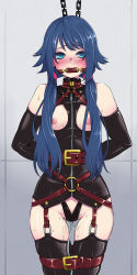 Rule 34 | 1girl, arms behind back, bdsm, bit gag, blue eyes, blue hair, blush, bondage, borrowed character, bound, breasts, chain, collar, elbow gloves, fukami nana (awono nanaumi), gag, gagged, gloves, hanauna, harness, highres, leather, long hair, looking at viewer, matching hair/eyes, nipples, original, pussy juice, small breasts, solo, standing, thighhighs, twintails