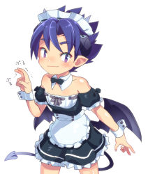 Rule 34 | 1boy, alternate costume, apron, bad id, bad pixiv id, blue hair, blush, crossdressing, demon boy, demon tail, demon wings, detached collar, dress, enmaided, fang, hirano kei, horns, maid, maid apron, maid headdress, male focus, mini wings, pointy ears, pop-up story, purple eyes, simple background, smile, solo, sweatdrop, tail, trap, v, waist apron, white background, wings, ziz glover
