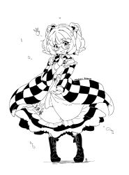 Rule 34 | 1girl, :d, apron, apron hold, bell, bespectacled, blush, boots, character name, checkered clothes, checkered kimono, dot nose, falling leaves, finger to own chin, frilled apron, frills, full body, glasses, greyscale, hair bell, hair ornament, hand up, head tilt, japanese clothes, jingle bell, kimono, layered sleeves, leaf, legs apart, long sleeves, looking at viewer, monochrome, motoori kosuzu, open mouth, semi-rimless eyewear, shoelaces, signature, simple background, smile, solo, standing, tanasuke, touhou, turnip, two side up, under-rim eyewear, white background, wide sleeves, wind