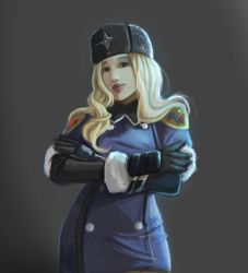 Rule 34 | 1girl, black gloves, blonde hair, brown eyes, buttons, coat, crossed arms, fur hat, fur trim, gloves, grey background, hat, highres, ialmar, kolin, lips, long hair, simple background, solo, standing, street fighter, street fighter v, ushanka, wavy hair, winter clothes, winter coat