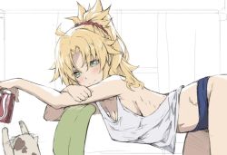 Rule 34 | 1girl, ahoge, bent over, blonde hair, blue panties, blush, breasts, can, cat, cleavage, cowboy shot, drink can, fate/apocrypha, fate (series), from side, green eyes, long hair, medium breasts, messy hair, mordred (fate), mordred (fate/apocrypha), navel, panties, ponytail, sideboob, smile, soda can, solo, strap gap, tank top, tonee, underwear
