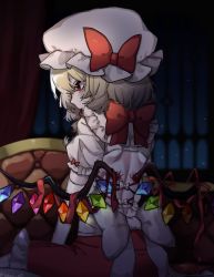 Rule 34 | 1girl, blonde hair, bow, commentary request, flandre scarlet, frilled skirt, frills, gem, hat, hat bow, highres, medium hair, mob cap, puffy short sleeves, puffy sleeves, red bow, red eyes, red ribbon, red skirt, ribbon, sabapi oo, short sleeves, sitting, skirt, solo, touhou, white hat, white ribbon, wings
