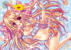 Rule 34 | 1girl, absurdres, animal ear fluff, animal ears, arms up, bare legs, bare shoulders, bikini, bikini day, blonde hair, blue bikini, blush, bow, bow bikini, bracelet, breasts, cat ears, cat girl, cat tail, cleavage, commentary request, fang, flower, food, frilled bikini, frilled straps, frills, front-tie bikini top, front-tie top, hair between eyes, hair bow, hair flower, hair ornament, hair ribbon, hairclip, highres, holding, holding food, honoka chiffon, ice cream, ice cream cone, jewelry, long hair, looking at viewer, medium breasts, navel, off shoulder, open mouth, orange bow, original, pinky out, purple eyes, red bow, ribbon, shell hair ornament, sidelocks, smile, solo, sparkle, star (symbol), star hair ornament, sunflower, sunflower hair ornament, swimsuit, tail, two side up, very long hair, wavy hair