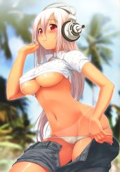 Rule 34 | 1girl, bikini, bikini pull, blurry, blush, breasts, cameltoe, clothes lift, clothes pull, crop top, depth of field, headphones, highres, large breasts, long hair, narrow waist, navel, nitroplus, parted lips, pink hair, pulling own clothes, pussy, red eyes, see-through, shiny skin, shirt, shirt lift, shorts, skirt, skirt pull, solo, super sonico, sweat, swimsuit, tan, tanline, taut clothes, taut shirt, tsuji santa, unbuttoned, underboob, undressing, white bikini