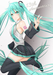 Rule 34 | 1girl, absurdly long hair, anniversary, aqua eyes, aqua hair, aqua nails, aqua necktie, bare shoulders, black skirt, black sleeves, black thighhighs, boots, breasts, commentary, cowboy shot, detached sleeves, divergenceok, from side, grey shirt, hair ornament, hand up, hatsune miku, highres, leg up, long hair, looking at viewer, looking to the side, medium breasts, miniskirt, nail polish, necktie, pleated skirt, shirt, shoulder tattoo, skirt, sleeveless, sleeveless shirt, smile, solo, tattoo, thigh boots, thighhighs, twintails, very long hair, vocaloid, w, zettai ryouiki