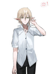 Rule 34 | 1boy, black pants, blonde hair, chihuri, collarbone, collared shirt, dress shirt, elezen, elf, final fantasy, final fantasy xiv, green eyes, hair between eyes, hand up, highres, male focus, pants, parted lips, pointy ears, shirt, short sleeves, simple background, solo, standing, sun symbol, sweat, translation request, white background, white shirt, zephirin de valhourdin