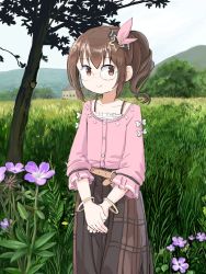 Rule 34 | 1girl, belt, bra strap, bracelet, brown eyes, brown hair, brown skirt, building, commentary, english commentary, flat chest, flower, glasses, grass, highres, hololive, jewelry, long skirt, mountain, ponytail, sixten, skirt, smile, solo, tokino sora, tokino sora (casual), tree, virtual youtuber