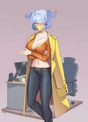 Rule 34 | 1girl, absurdres, aqua nails, belt, black pants, blue eyes, blue hair, bob cut, breasts, brown belt, chair, cleavage, coat, coffee mug, collarbone, commentary, computer, crop top, cup, elira pendora, english commentary, grey background, hair ornament, hair over one eye, head wings, highres, jewelry, key, large breasts, long sleeves, looking at viewer, mask, midriff, mouth mask, mug, nail polish, navel, necklace, neon luminous, nijisanji, nijisanji en, office chair, office lady, on shoulder, one eye covered, orange shirt, pants, shirt, short hair, signature, solo, swivel chair, table, virtual youtuber, wings, x hair ornament, yellow coat, yellow mask