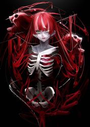 Rule 34 | 1girl, black background, colored skin, doryudory, green eyes, grey hair, grey skin, heart (organ), highres, hololive, hololive indonesia, kureiji ollie, long hair, looking at viewer, open mouth, parted lips, patchwork skin, red eyes, red hair, skeleton, skull, solo, stitched face, stitches, very long hair, virtual youtuber, yellow eyes