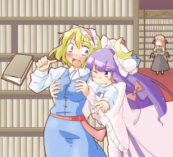 Rule 34 | 3girls, :d, ;d, alice margatroid, arnest, bat wings, belt, blonde hair, blue eyes, blunt bangs, blush, book, book stack, bookshelf, bow, breasts, commentary request, cowboy shot, crescent, crescent pin, dress, dress shirt, dropping, full body, grabbing, grabbing another&#039;s breast, grabbing from behind, grin, hair ribbon, hairband, hat, hat bow, head wings, holding, holding book, koakuma, library, lolita hairband, long hair, long sleeves, looking at another, low wings, medium breasts, mob cap, multiple girls, necktie, one eye closed, open mouth, patchouli knowledge, puffy short sleeves, puffy sleeves, purple dress, purple eyes, purple hair, red hair, red neckwear, ribbon, shirt, short hair, short sleeves, sidelocks, skirt, skirt set, smile, striped clothes, striped dress, surprised, touhou, tress ribbon, vertical stripes, very long hair, vest, voile, walk-in, white shirt, wide sleeves, wings, yuri