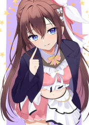 Rule 34 | 1girl, absurdres, black jacket, blue eyes, bow, brown hair, frilled skirt, frills, hair bow, highres, hololive, jacket, long hair, looking at viewer, miniskirt, multicolored clothes, multicolored skirt, official alternate costume, pink shirt, pink skirt, shirt, skirt, solo, star (symbol), tokino sora, tokino sora (7th costume), umikotatsu, virtual youtuber, white bow, white skirt