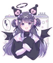 Rule 34 | 1girl, animal ears, bat wings, black hair, black ribbon, black sweater, black wings, bone hair ornament, bow, character hair ornament, commentary, cosplay, cross, english commentary, fake animal ears, flower, hair bow, hair ornament, hair ribbon, hair scrunchie, hairclip, halo, hands up, heart, highres, kuromi, kuromi (cosplay), long hair, long sleeves, looking at viewer, onegai my melody, open mouth, original, pink flower, purple bow, purple eyes, ribbon, sailor collar, sanrio, scrunchie, sleeves past fingers, sleeves past wrists, smile, speech bubble, striped, striped bow, sweater, teeth, turtleneck, twitter username, two side up, upper body, upper teeth only, very long hair, white background, white flower, white sailor collar, window (computing), wings, yukomeow