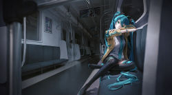 Rule 34 | 1girl, absurdly long hair, aqua necktie, bag, black footwear, black skirt, blue eyes, blue hair, blurry, blurry foreground, boots, bracelet, breast pocket, closed mouth, hair between eyes, hair ornament, hatsune miku, highres, jacket, jewelry, long hair, long sleeves, looking at viewer, miniskirt, necktie, open clothes, open jacket, pleated skirt, pocket, rollrollzz, sitting, skirt, solo, thigh boots, thighhighs, train interior, twintails, very long hair, vocaloid, yellow jacket, zettai ryouiki
