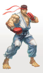 Rule 34 | 1boy, barefoot, bingoman, black hair, boxing gloves, clenched hands, dougi, fighting stance, forked eyebrows, full body, headband, highres, looking to the side, male focus, muscular, muscular male, pectoral cleavage, pectorals, red headband, ryu (street fighter), short hair, solo, standing, street fighter, thick eyebrows, veins, veiny arms
