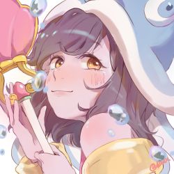 Rule 34 | 1girl, bare shoulders, black hair, blush, fish hat, hands up, highres, holding, holding staff, league of legends, long hair, lulu (league of legends), orange eyes, pool party lulu, ruan chen yue, signature, smile, solo, staff