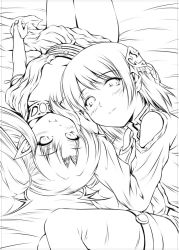 Rule 34 | 2girls, bare legs, bed sheet, blush, breasts, cleavage, greyscale, knees up, looking at viewer, monochrome, multiple girls, original, pointy ears, short hair, small breasts, thigh gap, yuzu momo