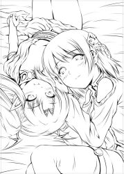 2girls bare_legs bed_sheet blush breasts cleavage greyscale knees_up looking_at_viewer monochrome multiple_girls original pointy_ears short_hair small_breasts thigh_gap yuzu_momo