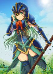 Rule 34 | 1girl, arm guards, armor, blue armor, breastplate, day, fire emblem, fire emblem: path of radiance, fire emblem: radiant dawn, grass, green eyes, green hair, helm, helmet, highres, holding, holding polearm, holding spear, holding weapon, long hair, looking at viewer, nephenee, nintendo, outdoors, pauldrons, polearm, shoulder armor, sky, smile, solo, spear, sun, thighhighs, weapon