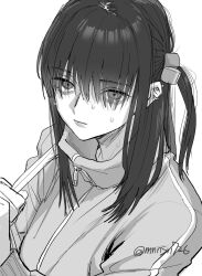 Rule 34 | 1girl, bocchi the rock!, closed mouth, cube hair ornament, ear piercing, expressionless, eyes visible through hair, gotoh hitori, greyscale, hair ornament, hair over eyes, highres, holding, jacket, katsuoboshi, long hair, long sleeves, looking at viewer, monochrome, one side up, piercing, simple background, solo, sweat, track jacket, twitter username, upper body, white background