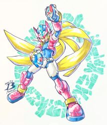 Rule 34 | 1boy, armor, artist logo, biometal, black bodysuit, blonde hair, bodysuit, boots, commentary request, cropped jacket, crotch plate, dated, forehead jewel, full body, green eyes, henshin pose, highres, holding, jacket, long hair, mega man (series), mega man zx, model x (mega man), model z (mega man), model zx (mega man), open clothes, open jacket, pn13ban, power armor, red armor, red footwear, vent (mega man)