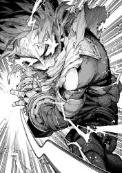 Rule 34 | 1boy, angry, arisancake, belt, belt pouch, bodysuit, boku no hero academia, cape, commentary, crosshatching, electricity, emphasis lines, fist in hand, floating cape, floating hair, full cowling (boku no hero academia), gloves, greyscale, hands up, hatching (texture), highres, leaning forward, looking at viewer, looking to the side, male focus, midoriya izuku, monochrome, official alternate costume, pouch, sanpaku, serious, short hair, simple background, solo, spoilers, squatting, sweat, torn cape, torn clothes, turning head, upper body, veins, white background