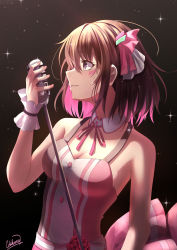Rule 34 | 1girl, absurdres, azki (3rd costume) (hololive), azki (hololive), bare arms, bare shoulders, brown hair, chakuma (yiyh1468), colored inner hair, dress, facial mark, from side, hair ribbon, highres, holding, holding microphone, hololive, idol, looking away, microphone, multicolored hair, pink hair, polka dot, purple eyes, ribbon, signature, sleeveless, sleeveless dress, solo, two-tone hair, virtual youtuber, wrist cuffs