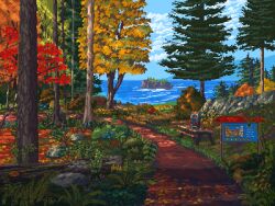Rule 34 | autumn, autumn leaves, backpack, bag, blue flower, blue sky, bottle, bush, cloud, commentary, day, english commentary, fern, flower, forest, island, kldpxl, light rays, log, map, mountainous horizon, nature, no humans, original, outdoors, picnic table, pine tree, pixel art, plant, red flower, rock, scenery, sign, sky, table, trail, tree, water