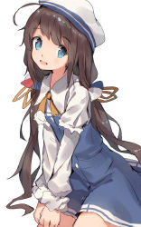 Rule 34 | 10s, 1girl, :d, ahoge, beret, blue dress, blue eyes, brown hair, commentary, dress, hat, highres, hinatsuru ai, long hair, long sleeves, looking at viewer, low twintails, open mouth, ryuuou no oshigoto!, shone, simple background, smile, solo, twintails, very long hair, white background