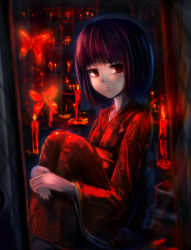Rule 34 | 1girl, bug, butterfly, candle, fatal frame, fatal frame 2, highres, bug, japanese clothes, kimono, red eyes, sakura ani, short hair, sitting, solo, tachibana chitose