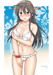 Rule 34 | 1girl, alternate costume, bare shoulders, bikini, black hair, blush, brown eyes, covering privates, covering breasts, cowboy shot, hair between eyes, hair ornament, hairclip, haruna (kancolle), headgear, highres, kantai collection, long hair, looking at viewer, navel, onguuchi, open mouth, solo, swimsuit, twitter username, white bikini