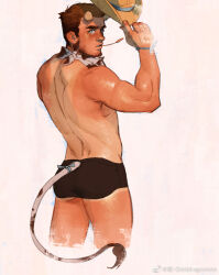 Rule 34 | 1boy, animal print, ass, bara, beard stubble, black male underwear, briefs, broken horn, brown hair, cow boy, cow horns, cow print, cow tail, cowboy hat, cowboy western, cropped legs, dragonpie, facial hair, from behind, hat, horns, looking at viewer, looking back, male focus, male underwear, mature male, original, short hair, sideburns, solo, stubble, tail, tanline peek, thick eyebrows, thighs, toned, toned male, underwear