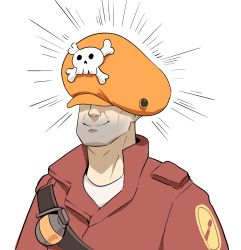 Rule 34 | 1boy, borrowed clothes, covered eyes, emphasis lines, facial hair, francisco mon, guilty gear, hat, highres, may (guilty gear), orange hat, red soldier (tf2), smile, soldier (tf2), solo, stubble, team fortress 2