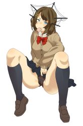 Rule 34 | 10s, 1girl, blue eyes, breasts, brown hair, cardigan, condom, condom in mouth, emu (eomou), hair ornament, headgear, highres, kantai collection, maya (kancolle), mouth hold, panties, pantyshot, short hair, sitting, skirt, solo, striped clothes, striped panties, sweatdrop, underwear, upskirt