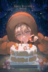 Rule 34 | 1boy, animification, birthday cake, blonde hair, blue eyes, cake, candle, child, coat, commentary request, dated, english text, fire, food, hat, highres, hood, hood up, jacket, kenny mccormick, korean commentary, male focus, solo, south park, sp toyoill, superhero costume