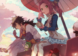 Rule 34 | 1boy, 1girl, bienfu (tales), black hair, boots, brown hair, cherry blossoms, creature, dango, dress, eating, eleanor hume, food, frilled dress, frills, gloves, green eyes, grin, hair ornament, hair over one eye, hat, ice cream, japanese clothes, long hair, looking at viewer, normin (tales), oil-paper umbrella, parted bangs, ponytail, rokurou rangetsu, sitting, smile, tales of (series), tales of berseria, thigh boots, thighhighs, twintails, umbrella, urabe (mstchan), wagashi, yellow eyes