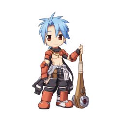Rule 34 | 1boy, abs, armor, armored boots, black gloves, black jumpsuit, black pants, blue hair, boots, chain, chibi, elbow gloves, fingerless gloves, full body, gloves, grin, hair between eyes, holding, holding wrench, jewelry, jumpsuit, jumpsuit around waist, looking at viewer, male focus, mechanic (ragnarok online), medium bangs, necklace, official art, orange armor, orange eyes, pants, parted bangs, pouch, ragnarok online, short hair, shorts, shrug (clothing), simple background, smile, solo, standing, tachi-e, toned, toned male, transparent background, vambraces, wrench, yuichirou