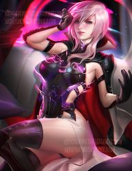 Rule 34 | 10s, 1girl, armor, armpits, artist name, asymmetrical hair, aura, black gloves, blue eyes, breastplate, cape, couch, final fantasy, final fantasy xiii, gloves, high collar, highres, lightning farron, lightning returns: final fantasy xiii, looking at viewer, neon lights, pink hair, sakimichan, shoulder pads, sitting, solo, strap, thighhighs, watermark, web address