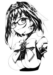 Rule 34 | 1girl, absurdres, bespectacled, bow, bow earrings, breasts, chain, clothing cutout, cropped arms, cropped torso, earrings, glasses, headband, highres, hololive, hololive english, jewelry, large breasts, mk (lazymk), monochrome, ouro kronii, portrait, solo, turtleneck, underboob, underboob cutout, virtual youtuber