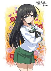 Rule 34 | 10s, 1girl, absurdres, ahoge, black eyes, black hair, black neckerchief, blouse, breast hold, breasts, closed mouth, commentary request, cowboy shot, dated, floral background, girls und panzer, green skirt, hand on own face, highres, isuzu hana, logo, long hair, long sleeves, looking at viewer, miniskirt, multicolored background, neckerchief, one-hour drawing challenge, ooarai school uniform, outside border, pleated skirt, school uniform, serafuku, shiina excel, shirt, skirt, smile, solo, standing, twitter username, white shirt