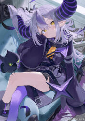 Rule 34 | 1girl, ahoge, bird, braid, braided bangs, choppy bangs, coat, couch, cropped legs, cross, crow (la+ darknesss), demon horns, fake tail, feathers, green eyes, grey hair, highres, hololive, horns, la+ darknesss, la+ darknesss (1st costume), long hair, mascot, multicolored hair, neckerchief, official art, pointy ears, purple coat, purple hair, purple thighhighs, rin31153336, sidelocks, single thighhigh, sleeves past fingers, sleeves past wrists, slit pupils, streaked hair, tail, thighhighs, two-tone hair, yellow eyes, yellow neckerchief