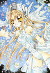 Rule 34 | 1girl, :o, absurdres, alternate costume, angel wings, artbook, bare legs, bare shoulders, blonde hair, detached sleeves, dress, dutch angle, feathered wings, flower, gloves, hand on headwear, hat, highres, lace, marker (medium), official art, otomiya haine, puffy short sleeves, puffy sleeves, scan, shinshi doumei cross, short sleeves, sky, solo, star (symbol), tanemura arina, thighhighs, traditional media, white dress, white gloves, white thighhighs, wings, yellow eyes
