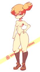 Rule 34 | 1girl, animated, animated gif, artist name, black pantyhose, blue eyes, blush, breasts, brown footwear, cleft of venus, creatures (company), diives, female focus, finger to mouth, full body, game freak, hair tie, half-closed eyes, hand on own hip, hand to own mouth, hand up, legs apart, looking at viewer, medium breasts, misty (pokemon), navel, nintendo, nipples, nude, open mouth, orange hair, pantyhose, patreon logo, pokemon, pokemon (anime), ponytail, pussy, shoes, short hair, side ponytail, simple background, socks, solo, standing, teeth, text focus, thick thighs, thighs, torn clothes, torn legwear, uncensored, watermark, web address, white background