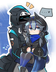 Rule 34 | ..., 1girl, 1other, animal ears, arknights, black jacket, blue eyes, blue hair, blush, carrying, carrying person, commentary request, doctor (arknights), expressionless, glaucus (arknights), holding, hood, hood up, hooded jacket, jacket, long sleeves, low twintails, multicolored hair, omo (h98013114), open clothes, open jacket, speech bubble, streaked hair, twintails