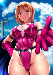 Rule 34 | bare shoulders, blonde hair, breasts, cleavage, closed mouth, commentary request, covered navel, day, elbow gloves, from above, gloves, hand on own hip, highleg, highres, ishimiso (ishimura), large breasts, looking at viewer, original, outdoors, outstretched arm, purple eyes, short hair, skindentation, sky, smile, superhero costume, wide hips
