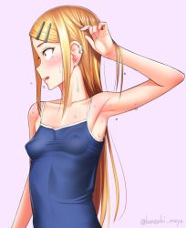 Rule 34 | 10s, 1girl, :o, adjusting hair, arm at side, arm up, armpits, blonde hair, blush, breasts, brown eyes, camisole, clenched hand, collarbone, competition school swimsuit, covered erect nipples, dagashi kashi, ear piercing, earrings, endou saya, fang, from side, glint, hair ornament, hairclip, hand up, jewelry, kanzaki muyu, lips, long hair, looking to the side, no bra, one-piece swimsuit, open mouth, perky breasts, piercing, pink background, profile, purple background, sanpaku, school swimsuit, see-through, sidelocks, simple background, skin tight, small breasts, smile, solo, stud earrings, swept bangs, swimsuit, taut clothes, taut swimsuit, twitter username, upper body, wet